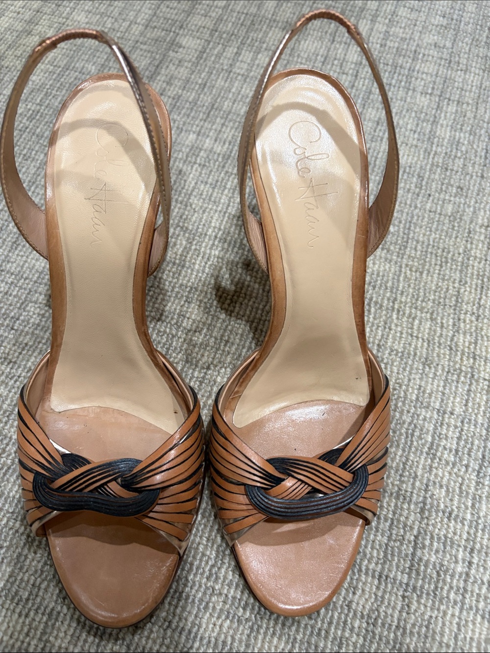Cole Haan Brown Leather Slingback Heels with Black Knot Detail